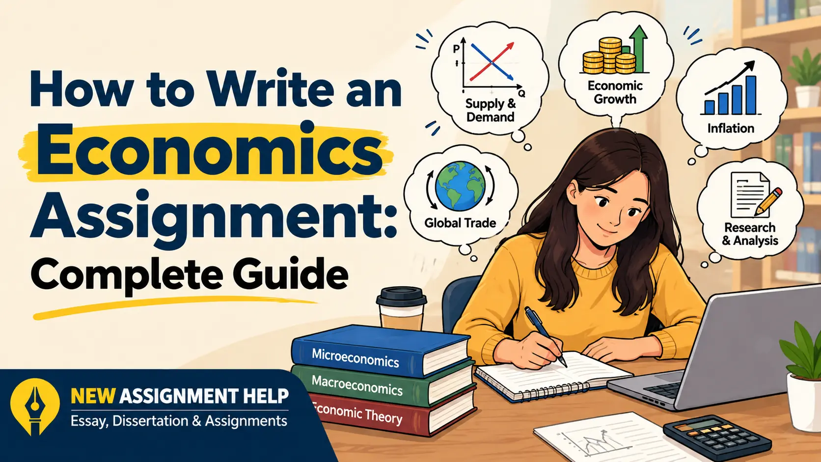 How to Write an Economics Assignment: Complete Guide with a student researching economics topics, analysing data, and writing an assignment.